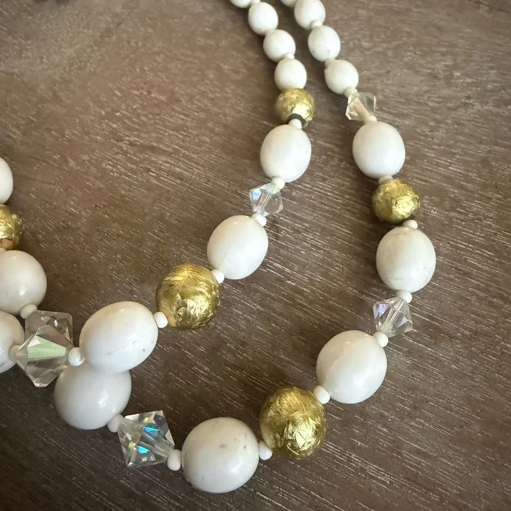 Vintage White, Iridescent, and Gold Beaded Necklace